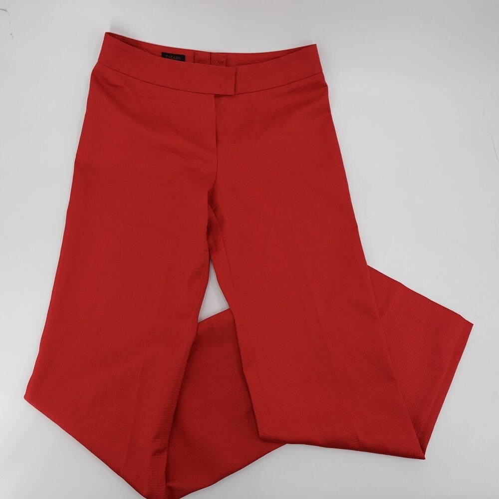 Escada Pants Womens 38 Red Flat Front Stretch Dress Trouser Textured Pockets